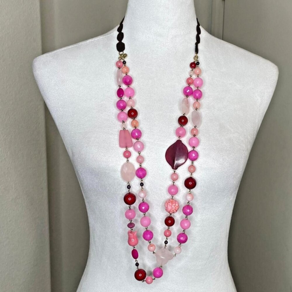 David Aubrey Women's Pink Rose Quartz Crystal Gemstone Double Strand Necklace